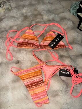 ONEONE Neon Pink & Multicolor Striped Crochet Bikini TOP M BOTTOM S